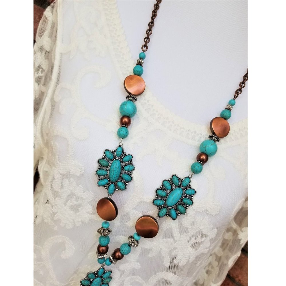Necklace Earrings Squash Blossom Faux Leather Turquoise Copper Silver Beads - Picture 9 of 9